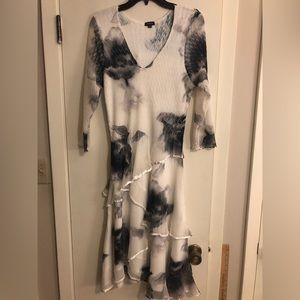 Komarov mid length dress.  Creamy white with grey flowers.  Size Large